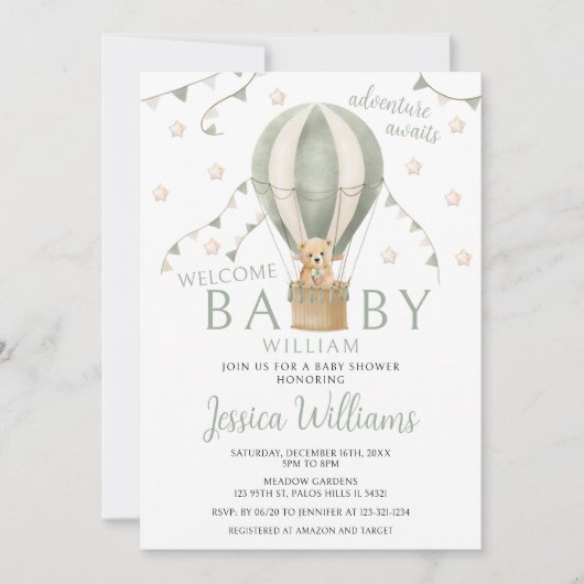 セージ緑テディ熱い空気バルーン男の赤ちゃんシャワー 招待状 (正面)
