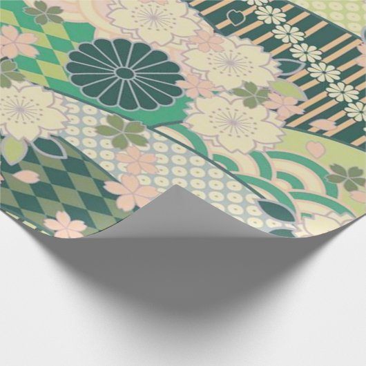 セージ緑ピンクの着物日本のフローラデコップページ ラッピングペーパー (角)