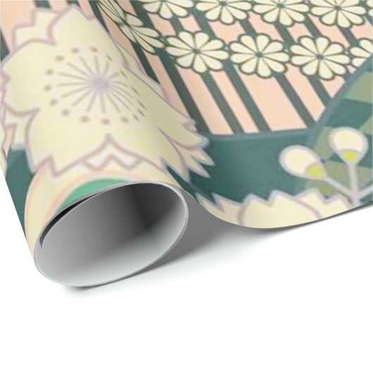 セージ緑ピンクの着物日本のフローラデコップページ ラッピングペーパー (ロールコーナー)