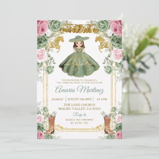 セージ緑ピンクの花かわいい女の子3歳の誕生日 招待状 (スタンド正面)