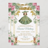 セージ緑ピンクの花かわいい女の子3歳の誕生日 招待状 (正面/裏面)