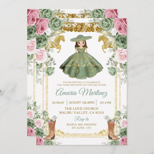 セージ緑ピンクの花かわいい女の子3歳の誕生日 招待状 (正面/裏面)