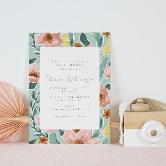 セージ緑ピンクヴィンテージ植物性ベビーシャワー 招待状