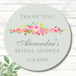 セージ緑ピンク牡丹ブライダルシャワーサンキュー ラウンドシール