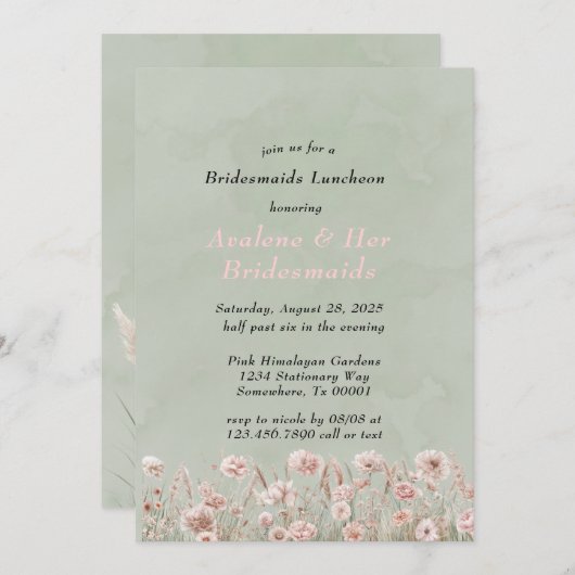 セージ緑ピンク牡丹ブライドメイド昼食会 招待状 (正面/裏面)