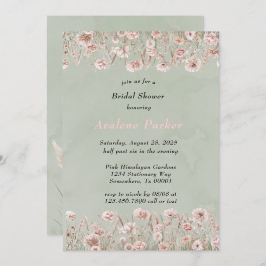 セージ緑ピンク牡丹水カラーブライダルシャワー 招待状 (正面/裏面)