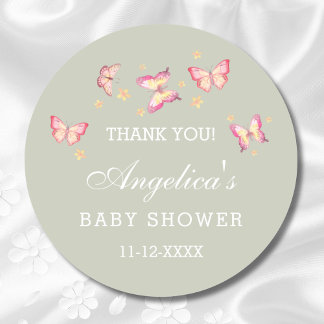 セージ緑ピンク蝶の赤ちゃんシャワーありがとう ラウンドシール