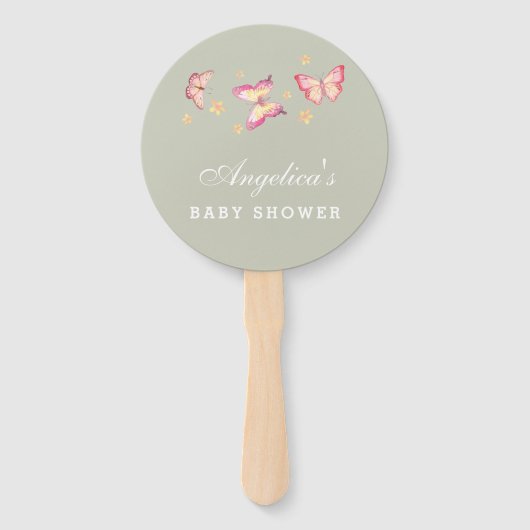 セージ緑ピーチピンクバタフライベビーシャワー ハンドファン (正面)