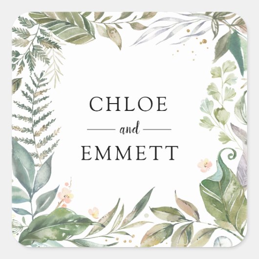 セージ緑ホワイトピンクの結婚植物 スクエアシール (正面)