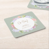 セージ緑ボホサボサボサボサボオ赤ちゃんシャワー スクエアペーパーコースター (アングル)