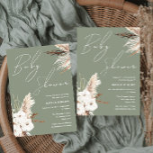 セージ緑ボホホワイトフローラモダンベビーシャワー 招待状