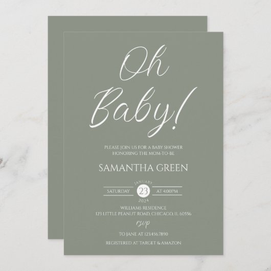 セージ緑ミニマリストオベビーベビーシャワー 招待状 (正面/裏面)