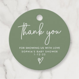 セージ緑ミニマリストモダンボホベイビーシャワー フェイバータグ