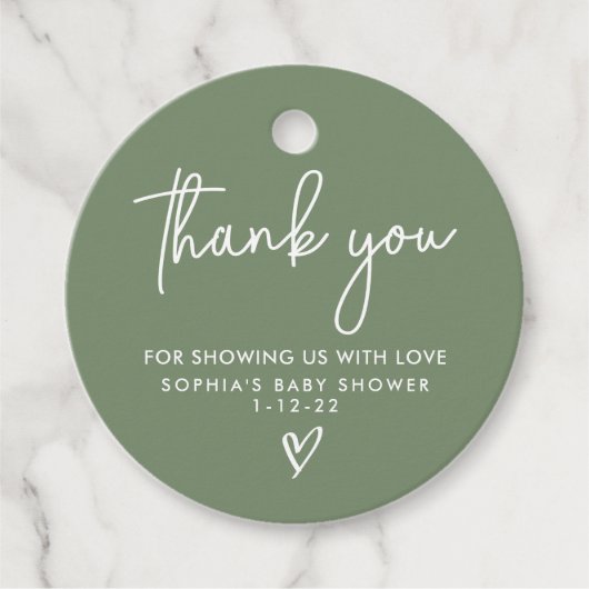 セージ緑ミニマリストモダンボホベイビーシャワー フェイバータグ (正面)