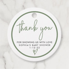 セージ緑ミニマリストモダンボホベイビーシャワー フェイバータグ