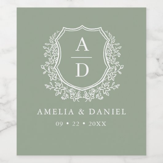 セージ緑モダンクレストモノグラ結婚ム ワインラベル (シングルラベル)