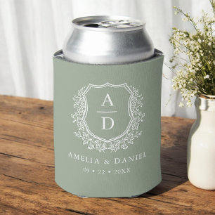 セージ緑モダンクレストモノグラ結婚ム 缶クーラー