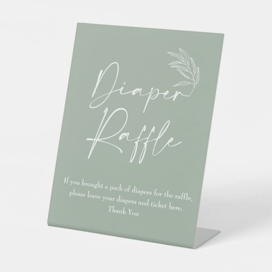 セージ緑モダン赤ちゃんシャワーおむつラッフル 台座サイン (正面)
