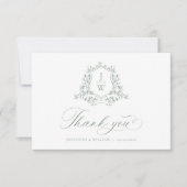 セージ緑モノグラムフローラクレストエレガントな結婚式 サンキューカード (正面)