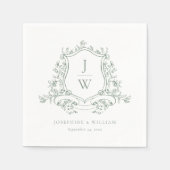 セージ緑モノグラムフローラクレストエレガントな結婚式 スタンダードカクテルナプキン (正面)