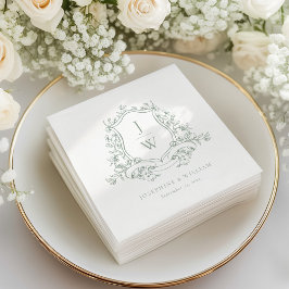 セージ緑モノグラムフローラクレストエレガントな結婚式 スタンダードカクテルナプキン