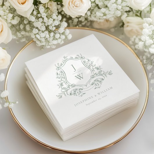 セージ緑モノグラムフローラクレストエレガントな結婚式 スタンダードカクテルナプキン