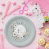 セージ緑モノグラムボホパーソナライズされた花 ペーパープレート (パーティー)