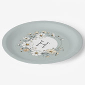 セージ緑モノグラムボホパーソナライズされた花 ペーパープレート (アングル)