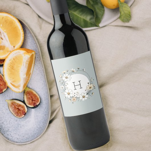 セージ緑モノグラムボホパーソナライズされた花 ワインラベル