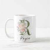 セージ緑モノグラムレターR赤面クリームフローラ コーヒーマグカップ (左)