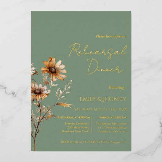 セージ緑モノグラムワイルドフラワーリハーサルディナー 箔招待状 (正面)