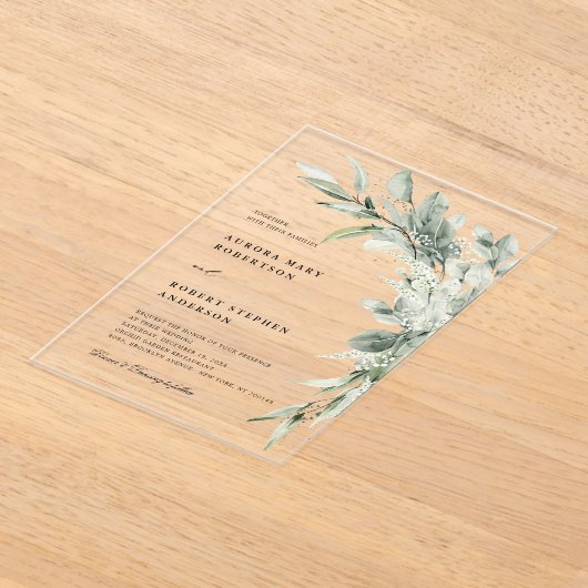 セージ緑ユーカリプトゥスミニマリスト結婚植物学 アクリル招待状 (レイダウン)