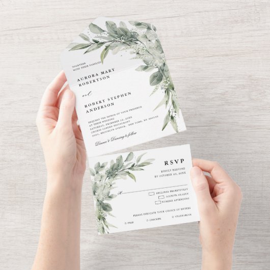 セージ緑ユーカリプトゥスミニマリスト結婚植物学 オールインワン招待状 (貼ってはがせる)