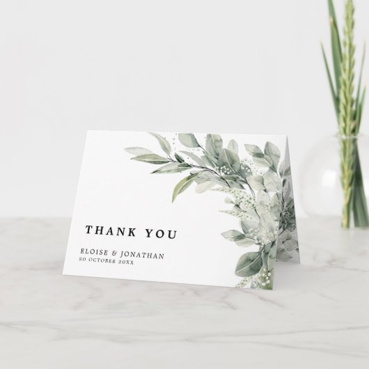 セージ緑ユーカリプトゥスミニマリスト結婚植物学 サンキューカード (正面)