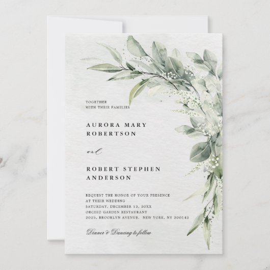セージ緑ユーカリプトゥスミニマリスト結婚植物学 招待状 (正面)