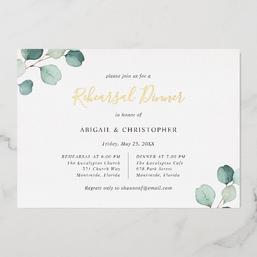 セージ緑ユーカリリハーサルディナー金ゴールド 箔招待状 (正面)