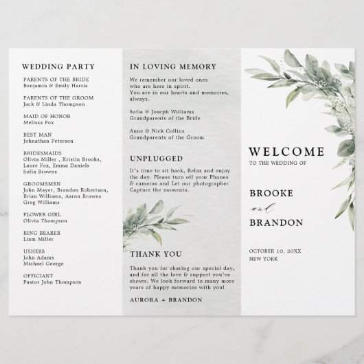 セージ緑ユーカリ三重結婚式プログラム (正面)