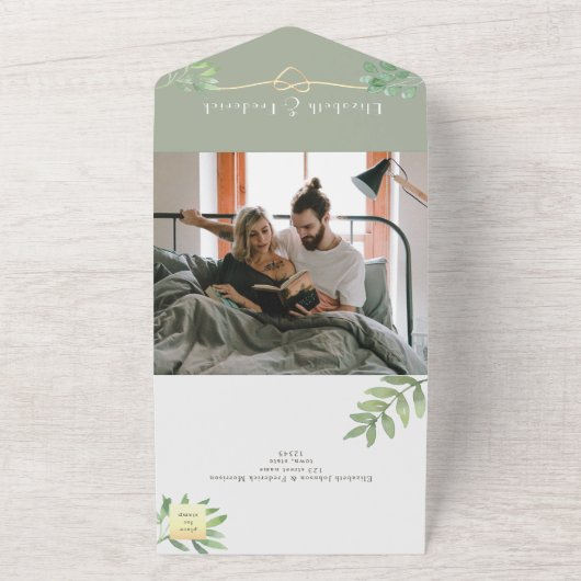 セージ緑ユーカリ植物学結婚院 オールインワン招待状 (外側)