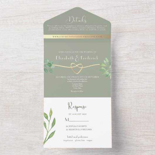 セージ緑ユーカリ植物学結婚院 オールインワン招待状 (内側)
