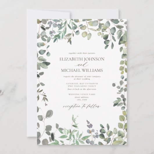セージ緑ユーカリ水の色結婚の 招待状 (正面)