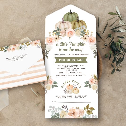 セージ緑リトルカボチャ桃フローラベビーシャワー オールインワン招待状
