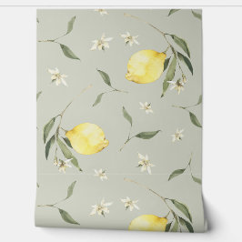 セージ緑レモンのフルーツパターン 壁紙