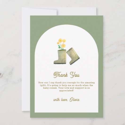 セージ緑ローカル成長フローラブーツ赤ちゃんシャワー サンキューカード (正面)