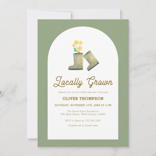 セージ緑ローカル成長フローラブーツ赤ちゃんシャワー 招待状 (正面)