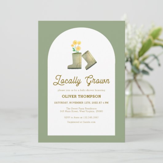 セージ緑ローカル成長フローラブーツ赤ちゃんシャワー 招待状 (スタンド正面)