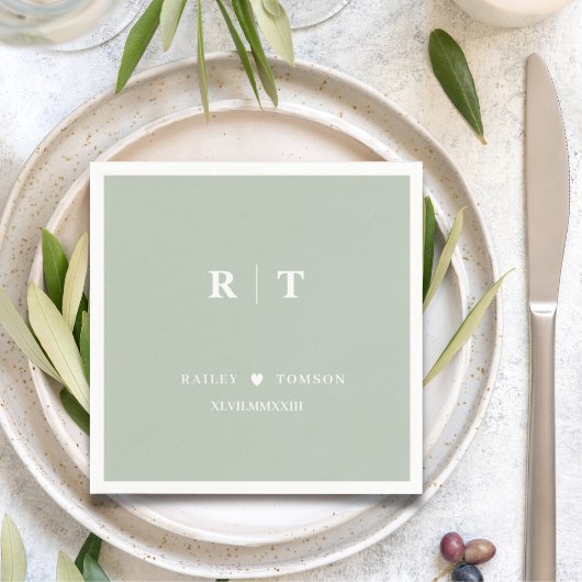 セージ緑ローマ数字ミニマリストモノグラム スタンダードカクテルナプキン