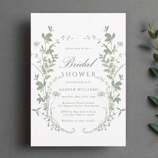 セージ緑ワイルドフラワーシルエットブライダルシャワー 招待状
