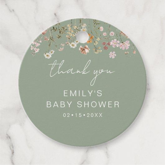 セージ緑ワイルドフラワーボホベイビーシャワーありがとう フェイバータグ (正面)