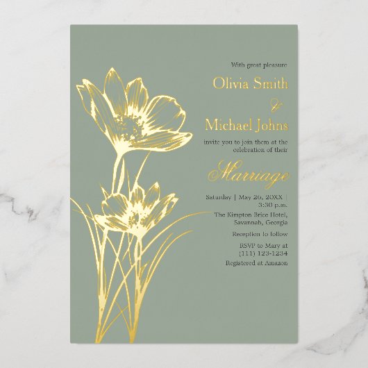 セージ緑ワイルドフラワーQRコード結婚式招待状 箔シーズンカード (正面)