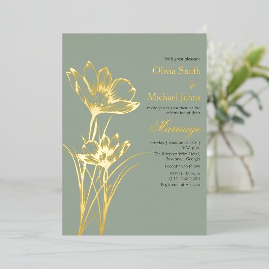 セージ緑ワイルドフラワーQRコード結婚式招待状 箔シーズンカード (立ち正面)